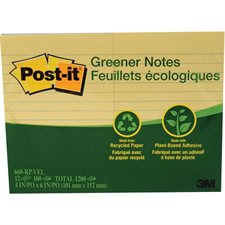 Feuillets autoadhésifs lignés recyclés Post-it® Plus Écologiques - 4 x 6 po - Jaune canari - Paquet de 12
