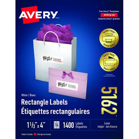 Étiquettes rectangulaires blanches Easy Peel® Boîte de 100 feuilles 4 x 1-1/3"  (1400)