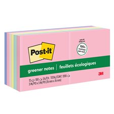 Feuillets autoadhésifs recyclés Post-it® Plus Écologiques - 3 x 3 po - Couleurs variées - Paquet de 12