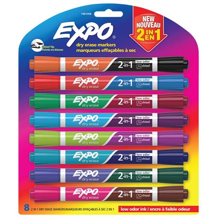 Marqueur effaçable à sec pour tableau blanc 2 en 1 Paquet de 8. couleurs variées