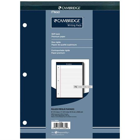 Bloc-notes de bureau Cambridge® Lettre. Ligné 5/16”, 3 perforations. 70 feuilles. blanc