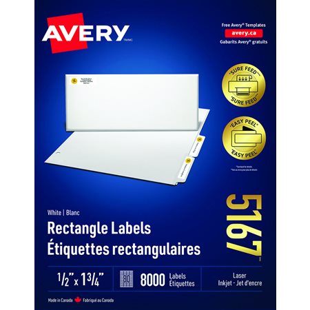 Easy Peel® White Rectangle Labels Box of 100 sheets 1-3/4 x 1/2"  (8000)