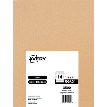 Étiquettes rectangulaires blanches Easy Peel® Boîte de 250 feuilles 4 x 1-1/3"  (3500)