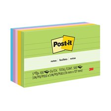 Feuillets autoadhésifs lignés Post-it® - 3 x 5 po - Couleurs variées - Paquet de 5