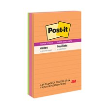 Feuillets autoadhésifs lignés Post-it® Super Collants - 4 x 6 po - Couleurs variées - Paquet de 3