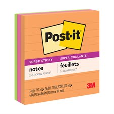 Feuillets autoadhésifs lignés Post-it® Super Collants - 4 x 4 po - Couleurs variées - Paquet de 3