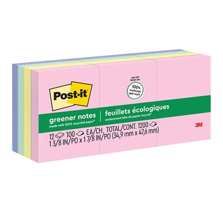 Feuillets autoadhésifs recyclés Post-it® Plus Écologiques - 1,5 x 2 po - Couleurs variées - Paquet de 12
