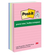Feuillets autoadhésifs lignés recyclés Post-it® Plus Écologiques - 4 x 6 po - Couleurs variées - Paquet de 5