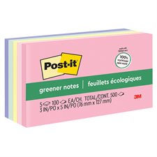 Feuillets autoadhésifs recyclés Post-it® Plus Écologiques - 3 x 5 po - Couleurs variées - Paquet de 5