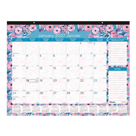 Calendrier sous-main mensuel floral (2026)