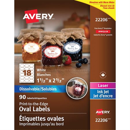 Étiquettes solubles blanches 1-1/2 x 2-1/2" ovale, paquet de 90