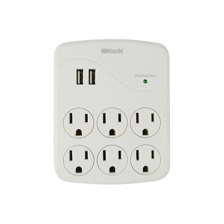 Bloc mural avec protecteur limiteur de tension à 6 prises et 2 ports USB